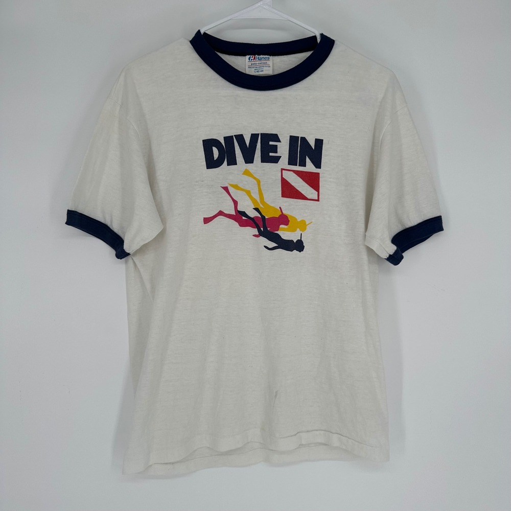 Vintage 80s Hanes Ringer Shirt Dive In Scuba M/S Southward Cruise White L 42-44